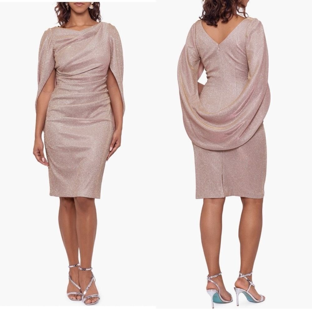 Betsy & Adam Glitter Knit Cape Back Cocktail Dress, Rose Pink‎ Gold, Size 8, NWT